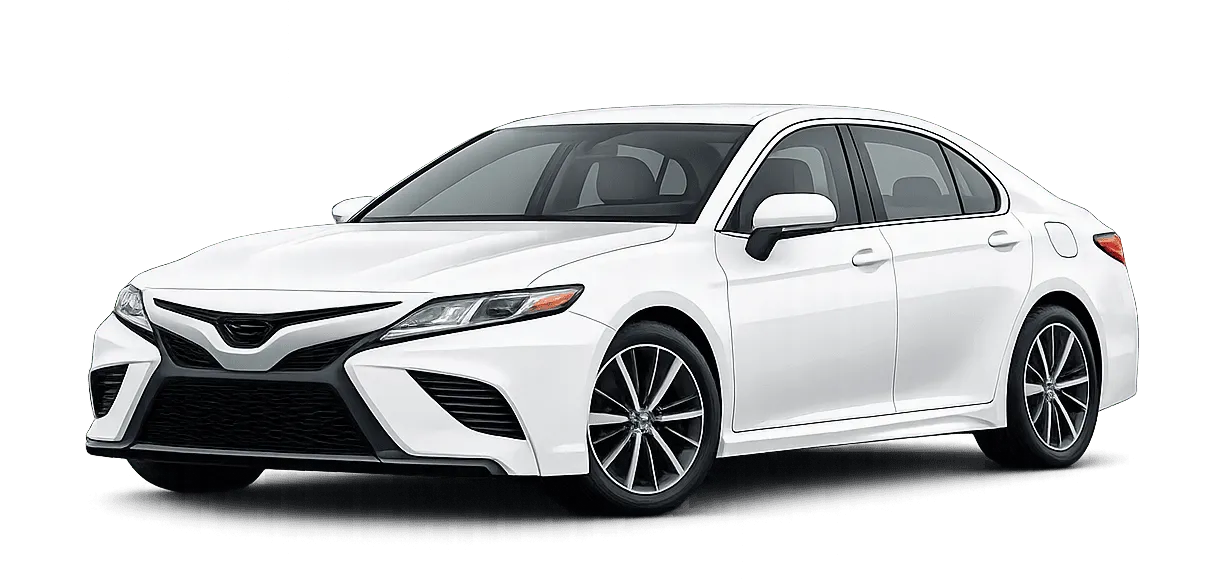 White modern sedan car angled slightly to the right on a plain background.