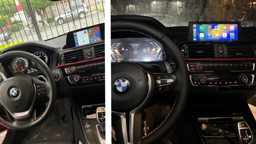 Silver sports car with gold rims and rear spoiler parked on concrete near hedge and building.